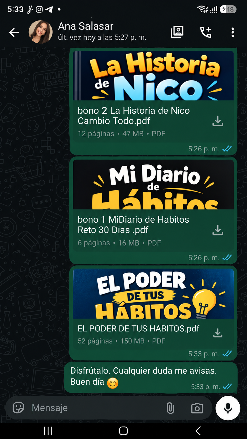 Captura del envío de El Poder de tus Hábitos y sus bonos por WhatsApp, 3