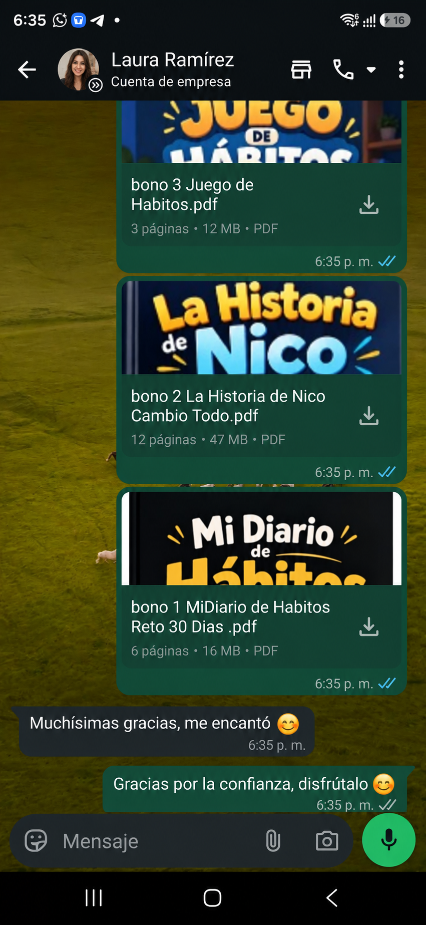 Captura del envío de El Poder de tus Hábitos y sus bonos por WhatsApp, 2